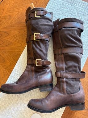 Women's Nike Air Dark Brown Leather and Suede Buckle Riding Boots